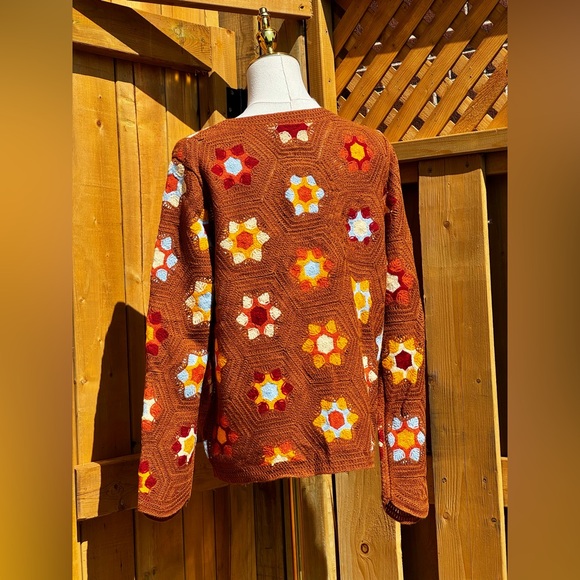 🆕 FARM Rio 🧿 NWOT Brown Crochet Knit Patchwork Button Up Cardigan, Sz L - Picture 8 of 16